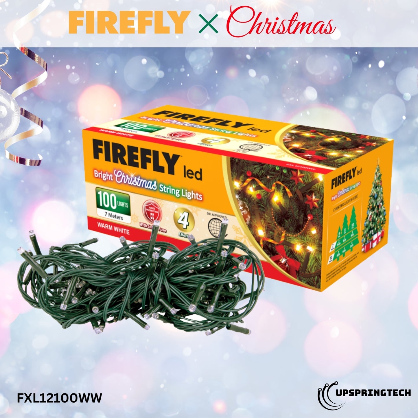 Firefly 100 LED Christmas String Lights – 7M Steady-On Series (FXL12100CL / FXL12100WH / FXL12100WW)
