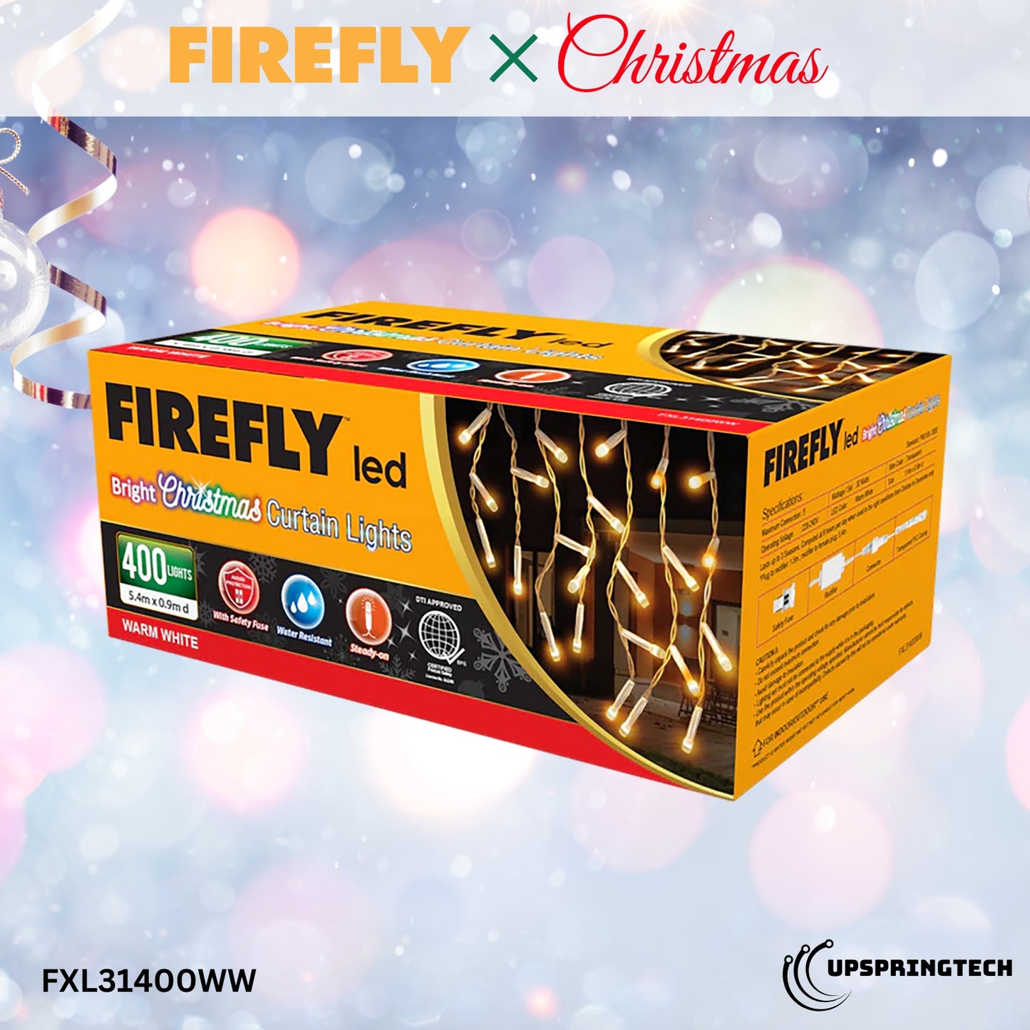 Firefly LED Christmas Curtain Lights – 400 LEDs, 30W, Warm White (FXL31400WW)