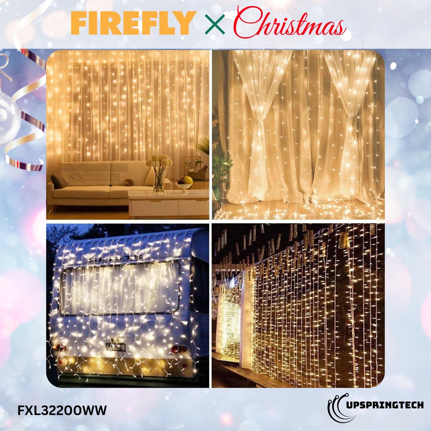Firefly LED Christmas Curtain Lights – 200 LEDs, 15.5W, Warm White (FXL32200WW)